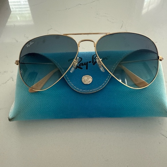 Ray-Ban Gold Frame Sunglasses with Blue Lenses - Picture 1 of 3